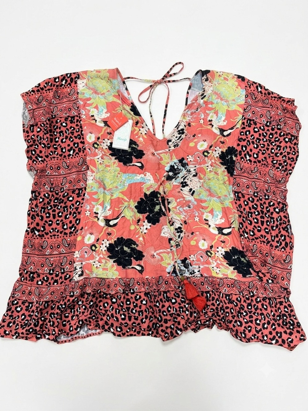 NWT Maaji Mixed Print Tunic/Swim Coverup Kimono Top Boho Floral Leopard Tassel